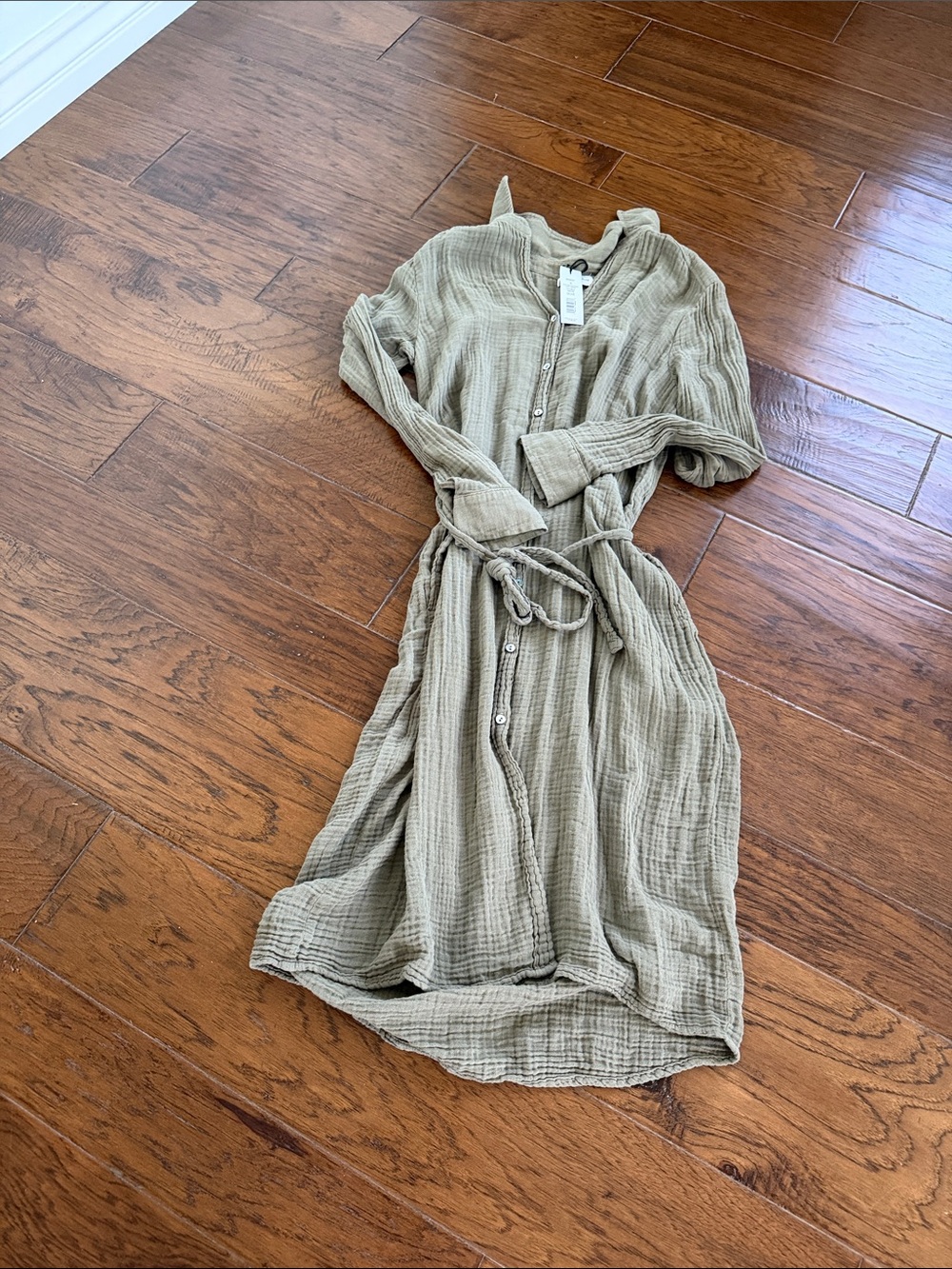 Michael Stars Light Olive Button-Front Midi Dress with Tie Waist
